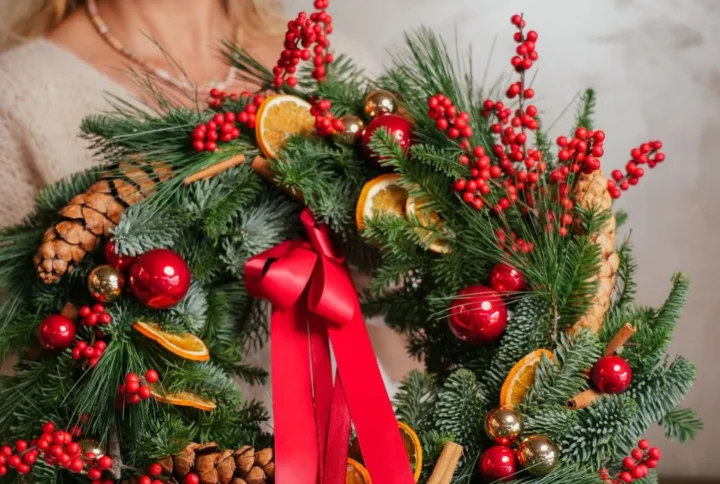 Czerwony wianek bożonarodzeniowy ręcznie robiony 45 cm